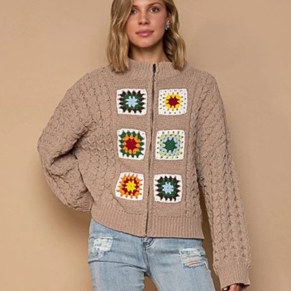 POL Sweaters - POL Mocha Beige High Neck Granny Squares Patches Zipper Front Sweater